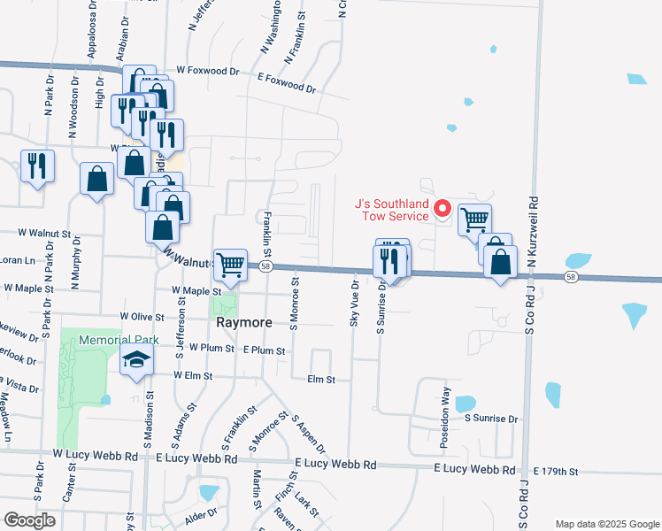 map of restaurants, bars, coffee shops, grocery stores, and more near 307 East Walnut Street in Raymore
