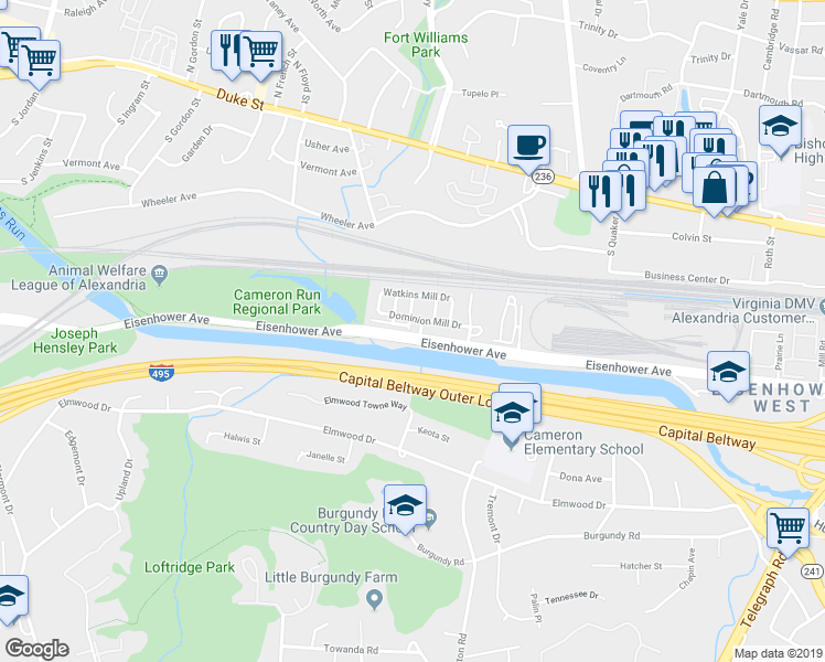 map of restaurants, bars, coffee shops, grocery stores, and more near 101 Cameron Parke Court in Alexandria