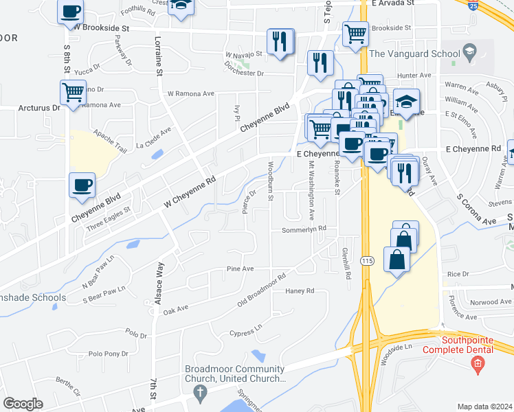 map of restaurants, bars, coffee shops, grocery stores, and more near 2002 Hillis Court in Colorado Springs
