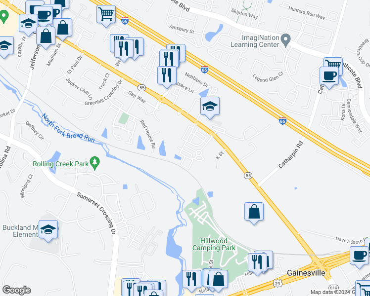 map of restaurants, bars, coffee shops, grocery stores, and more near 14585 Marlow Street in Gainesville