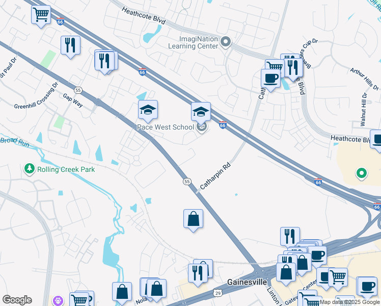 map of restaurants, bars, coffee shops, grocery stores, and more near 14450 John Marshall Highway in Gainesville