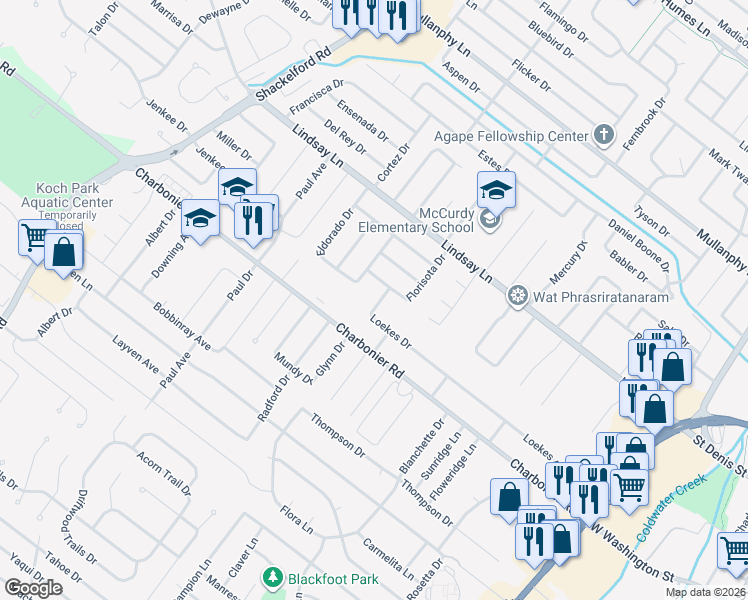 map of restaurants, bars, coffee shops, grocery stores, and more near 1012 Loekes Drive in Florissant