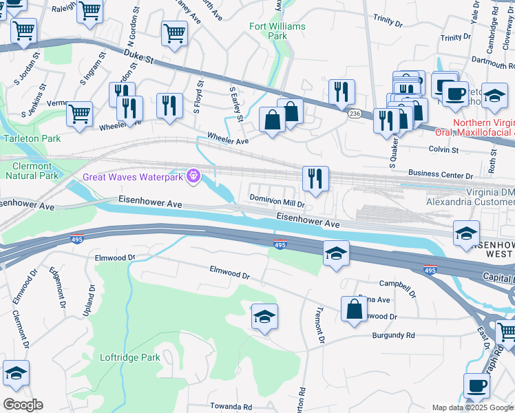 map of restaurants, bars, coffee shops, grocery stores, and more near 3847 Eisenhower Avenue in Alexandria