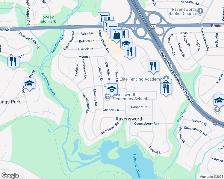 map of restaurants, bars, coffee shops, grocery stores, and more near 8013 Ellet Road in Springfield