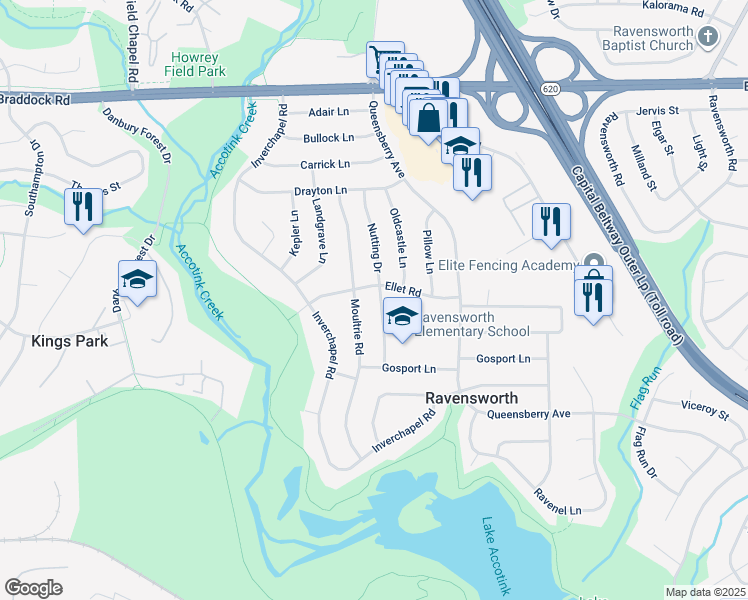 map of restaurants, bars, coffee shops, grocery stores, and more near 5402 Nutting Drive in Springfield