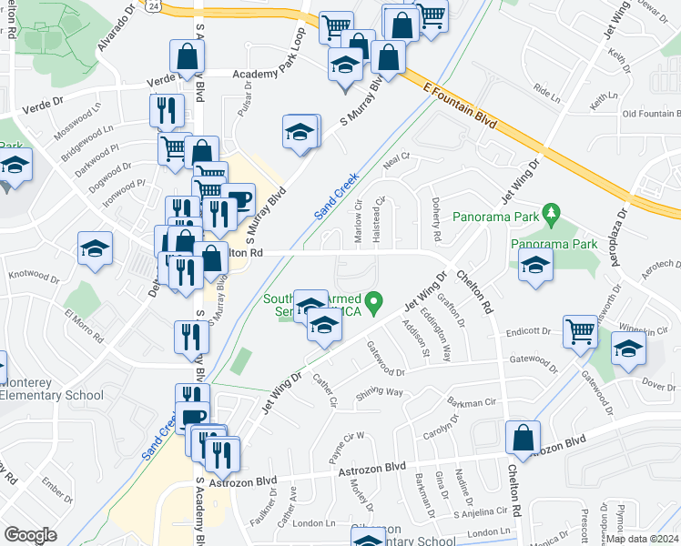 map of restaurants, bars, coffee shops, grocery stores, and more near 4302 Hawks Lookout Lane in Colorado Springs