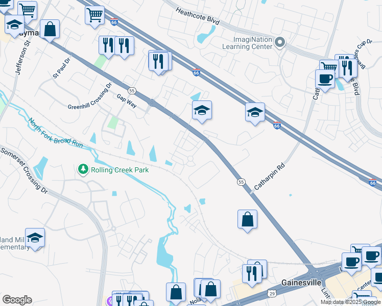 map of restaurants, bars, coffee shops, grocery stores, and more near 14448 Village High Street in Gainesville