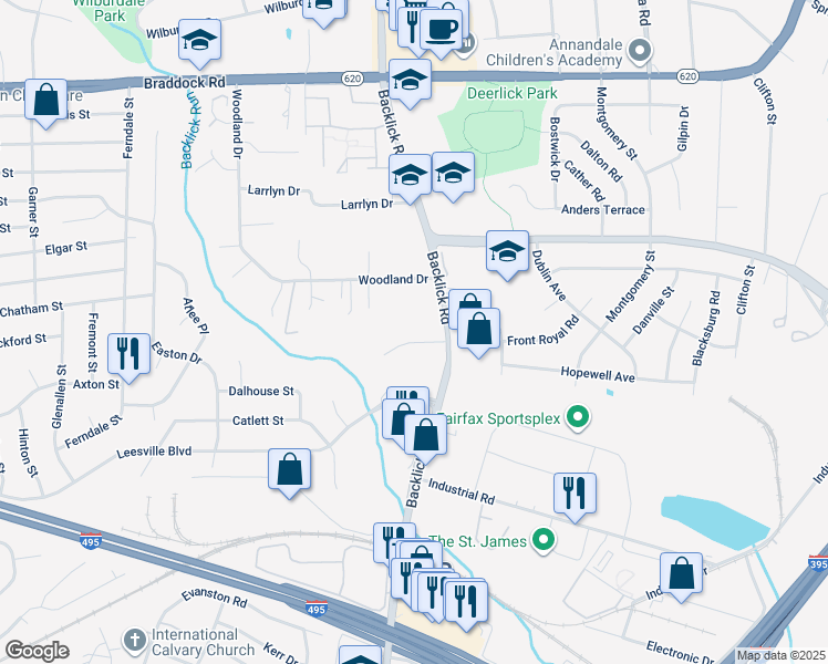 map of restaurants, bars, coffee shops, grocery stores, and more near 7028 Leewood Forest Drive in Springfield