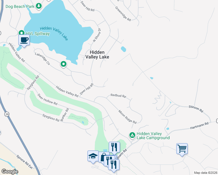 map of restaurants, bars, coffee shops, grocery stores, and more near 17785 Foothill Court in Hidden Valley Lake