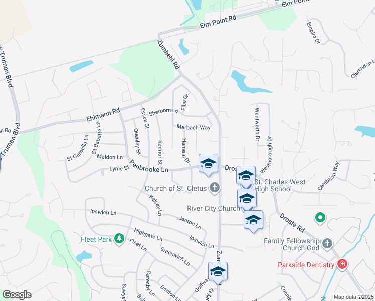 map of restaurants, bars, coffee shops, grocery stores, and more near 2905 Hameln Drive in Saint Charles