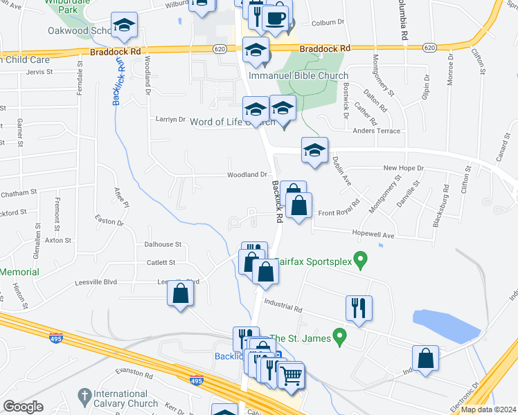 map of restaurants, bars, coffee shops, grocery stores, and more near 7028 Leewood Forest Drive in Springfield