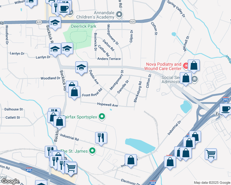 map of restaurants, bars, coffee shops, grocery stores, and more near 5408 Danville Street in Springfield