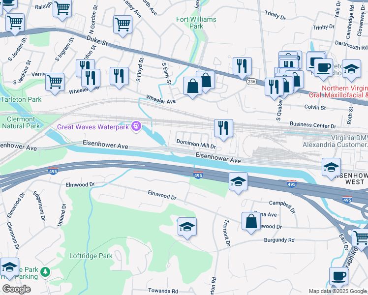 map of restaurants, bars, coffee shops, grocery stores, and more near 3843 Eisenhower Avenue in Alexandria