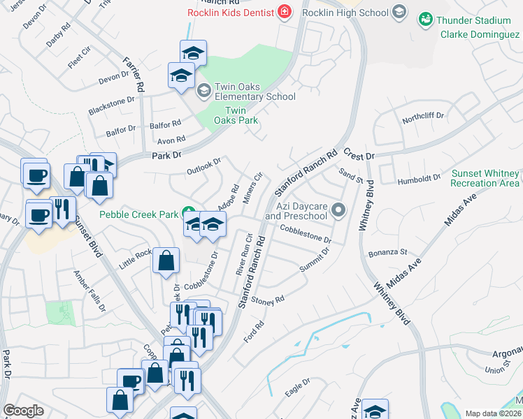 map of restaurants, bars, coffee shops, grocery stores, and more near 5707 Cobblestone Drive in Rocklin