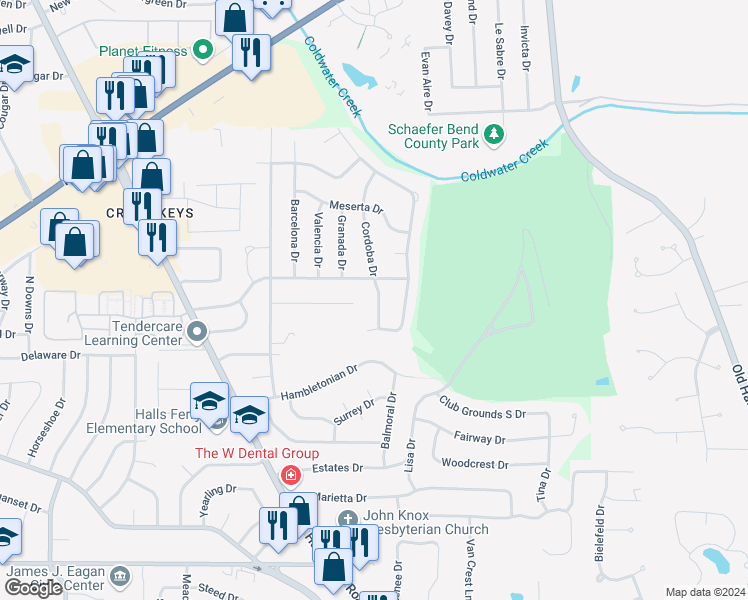 map of restaurants, bars, coffee shops, grocery stores, and more near 3685 Pyrenees Drive in Florissant