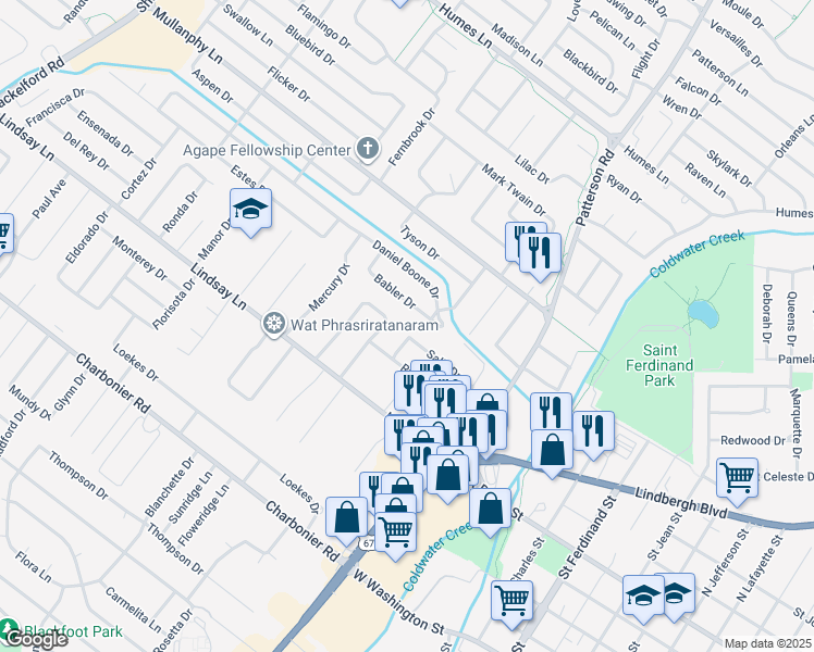 map of restaurants, bars, coffee shops, grocery stores, and more near 140 Sally Drive in Florissant