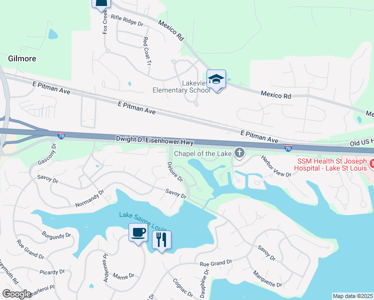 map of restaurants, bars, coffee shops, grocery stores, and more near 12 Bayside Court in Lake Saint Louis