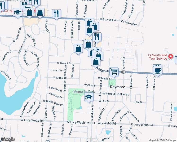 map of restaurants, bars, coffee shops, grocery stores, and more near 116 South Madison Street in Raymore