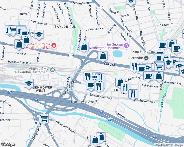map of restaurants, bars, coffee shops, grocery stores, and more near 2424 Mill Road in Alexandria