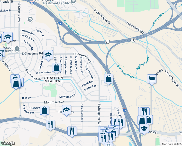 map of restaurants, bars, coffee shops, grocery stores, and more near 1927 South Sheridan Avenue in Colorado Springs
