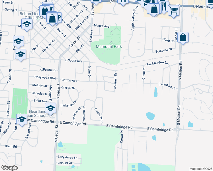 map of restaurants, bars, coffee shops, grocery stores, and more near 509 Bud Lane in Belton