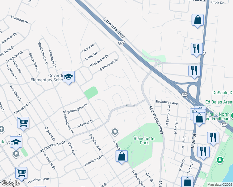 map of restaurants, bars, coffee shops, grocery stores, and more near 2325 Banon Drive in Saint Charles