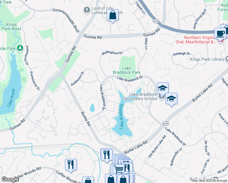 map of restaurants, bars, coffee shops, grocery stores, and more near 5442 Lighthouse Lane in Burke