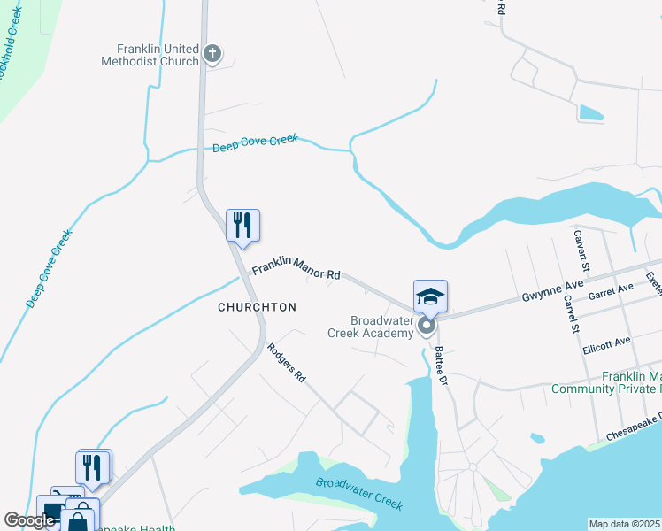 map of restaurants, bars, coffee shops, grocery stores, and more near 944 Franklin Manor Road in Deale