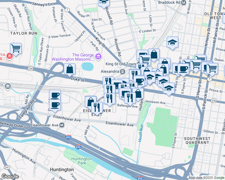 map of restaurants, bars, coffee shops, grocery stores, and more near 2000 Duke Street in Alexandria