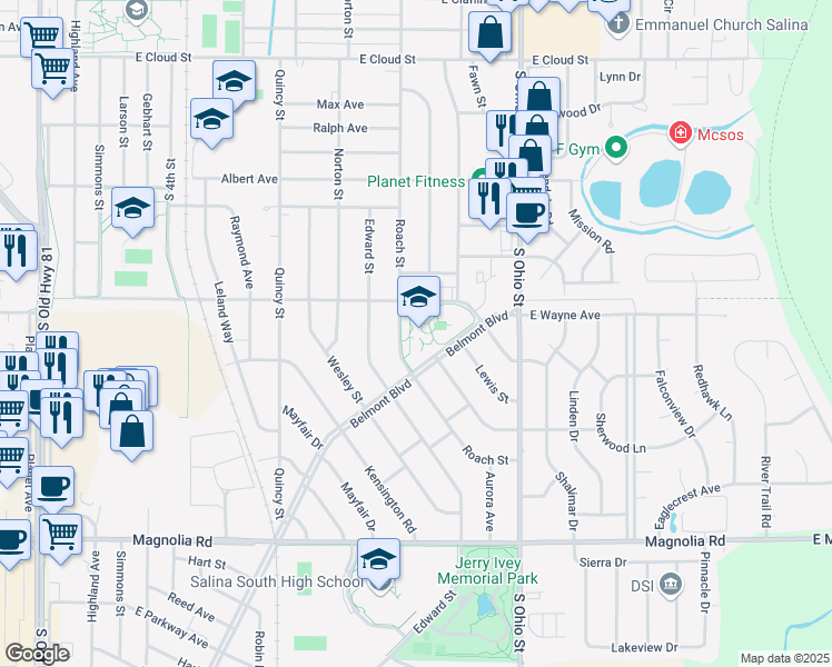 map of restaurants, bars, coffee shops, grocery stores, and more near 2123 Roach Street in Salina