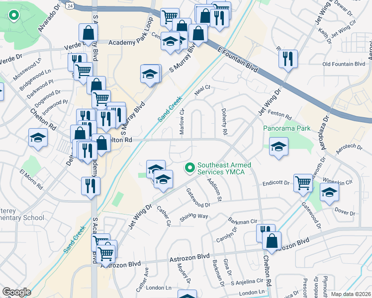 map of restaurants, bars, coffee shops, grocery stores, and more near 4394 South Chelton Road in Colorado Springs