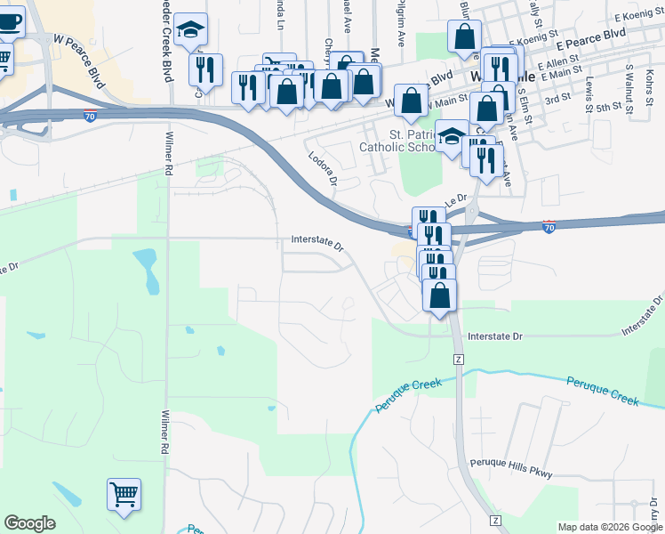 map of restaurants, bars, coffee shops, grocery stores, and more near 245 Cimarron Ridge Crossing in Wentzville