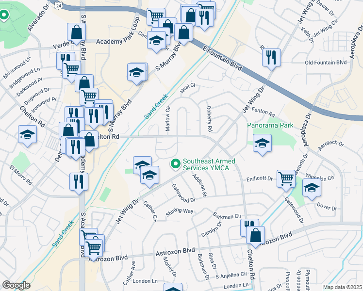 map of restaurants, bars, coffee shops, grocery stores, and more near 4394 South Chelton Road in Colorado Springs