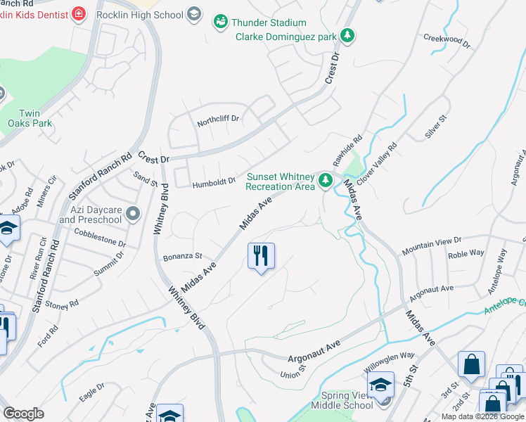 map of restaurants, bars, coffee shops, grocery stores, and more near 4350 Midas Avenue in Rocklin
