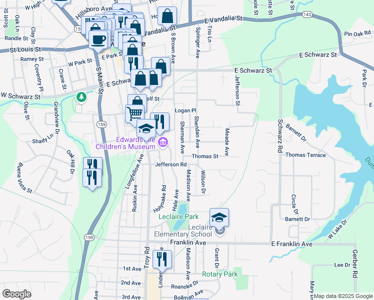 map of restaurants, bars, coffee shops, grocery stores, and more near 722 Sherman Avenue in Edwardsville