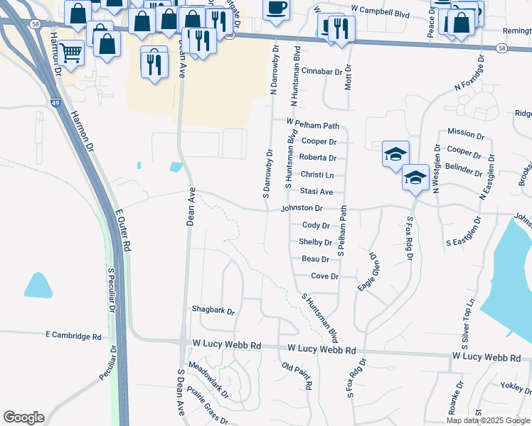map of restaurants, bars, coffee shops, grocery stores, and more near 212 South Darrowby Drive in Raymore