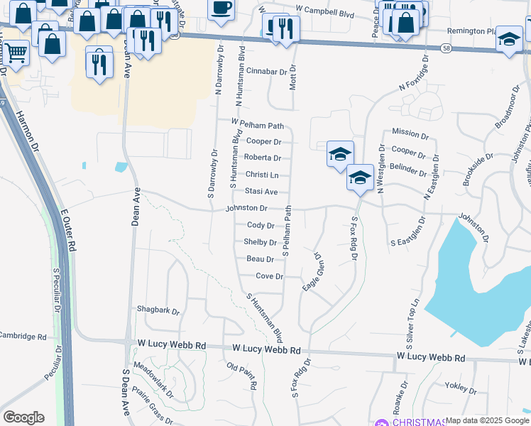 map of restaurants, bars, coffee shops, grocery stores, and more near 1605 Stasi Avenue in Raymore