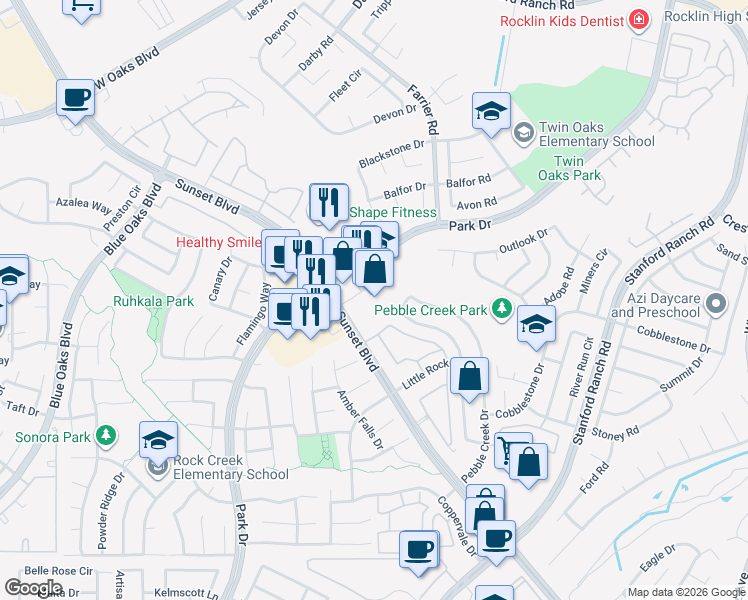 map of restaurants, bars, coffee shops, grocery stores, and more near 2213 Sunset Boulevard in Rocklin