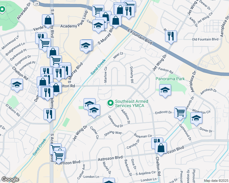 map of restaurants, bars, coffee shops, grocery stores, and more near 4394 South Chelton Road in Colorado Springs