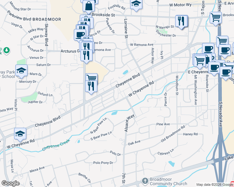 map of restaurants, bars, coffee shops, grocery stores, and more near 107 Beaver Avenue in Colorado Springs
