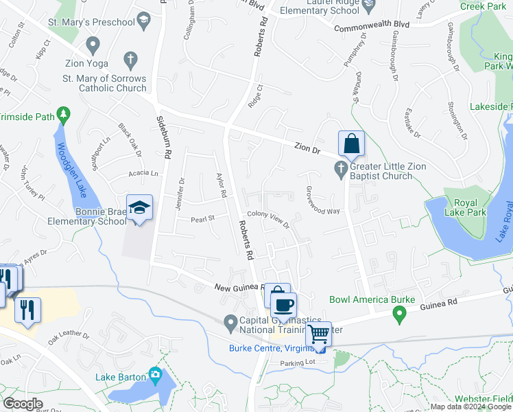 map of restaurants, bars, coffee shops, grocery stores, and more near 5414 Charleston Woods Drive in Fairfax