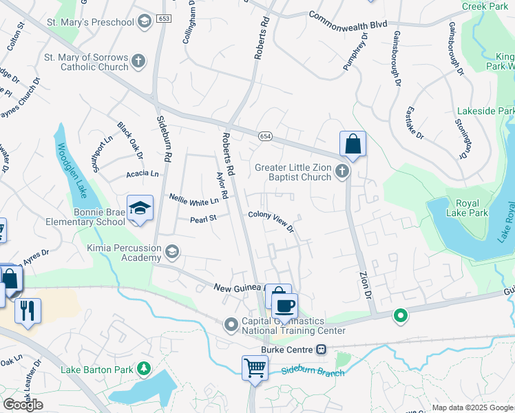 map of restaurants, bars, coffee shops, grocery stores, and more near 5414 Charleston Woods Drive in Fairfax