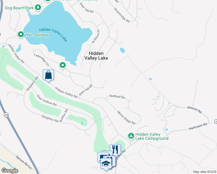 map of restaurants, bars, coffee shops, grocery stores, and more near 17785 Foothill Court in Hidden Valley Lake