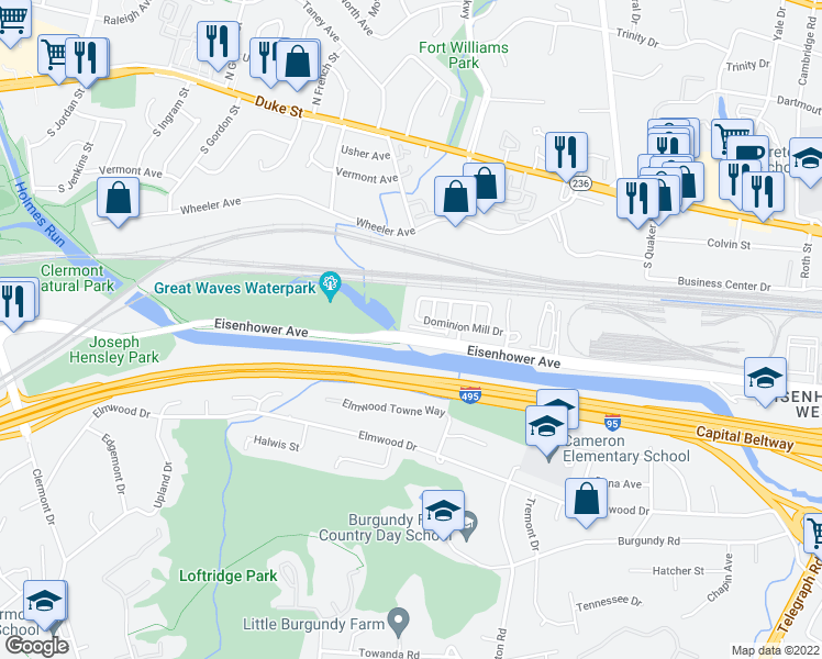 map of restaurants, bars, coffee shops, grocery stores, and more near 3867 Eisenhower Avenue in Alexandria