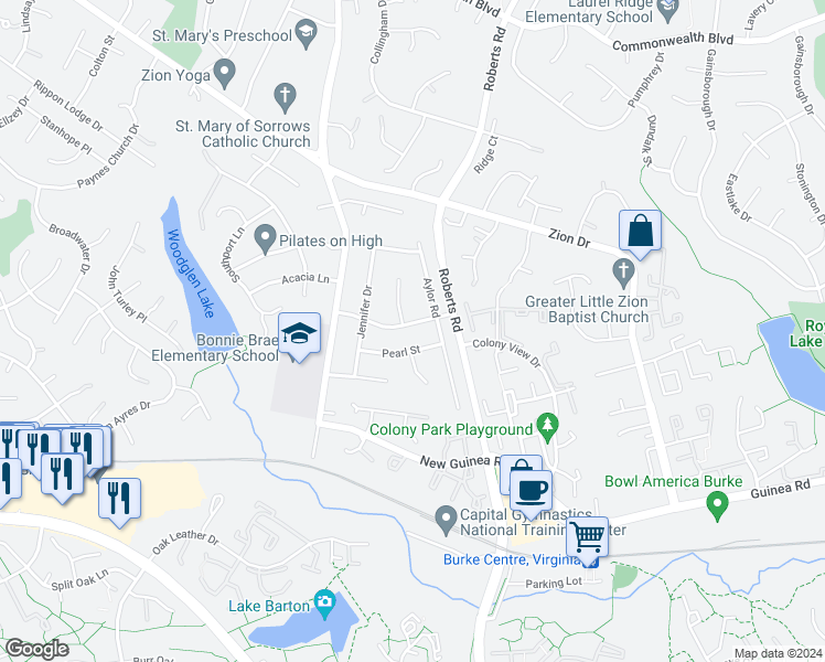 map of restaurants, bars, coffee shops, grocery stores, and more near 10405 Nellie White Lane in Fairfax