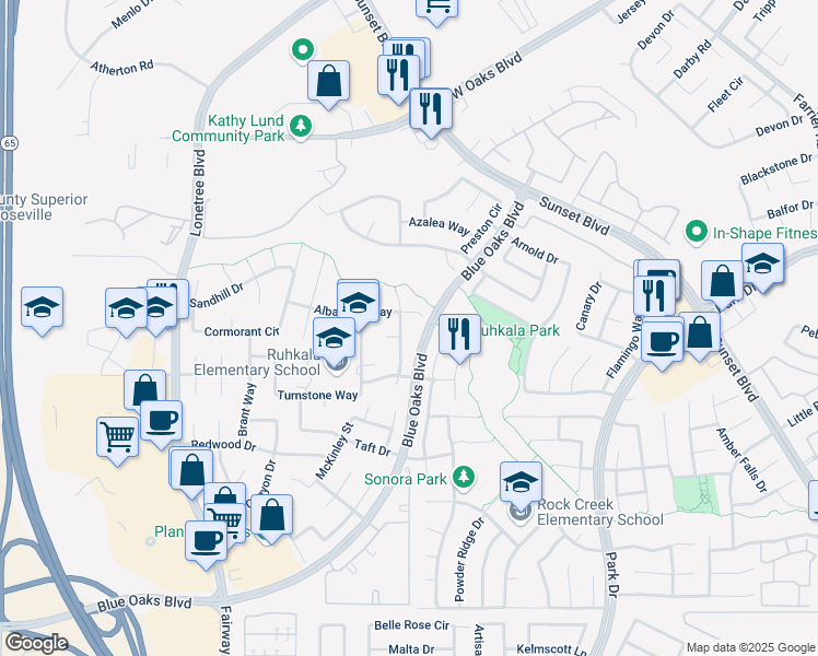 map of restaurants, bars, coffee shops, grocery stores, and more near 1633 Albatross Way in Rocklin