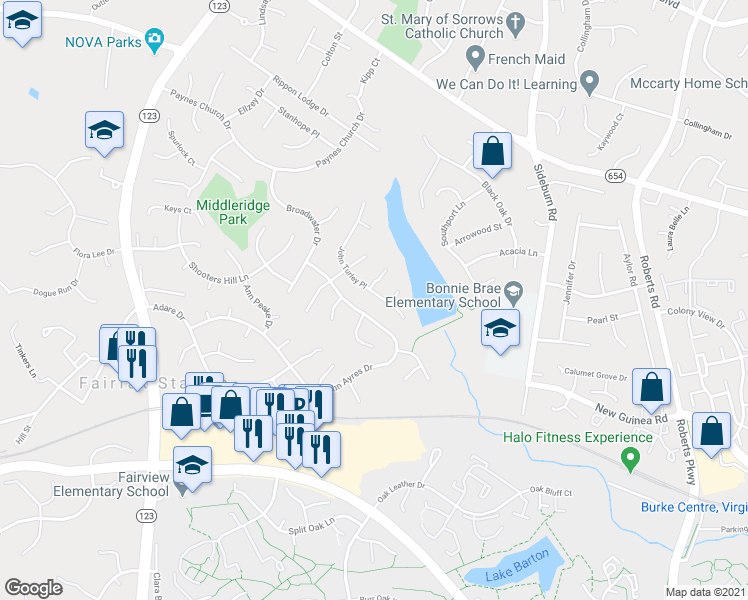 map of restaurants, bars, coffee shops, grocery stores, and more near 10713 John Turley Place in Fairfax