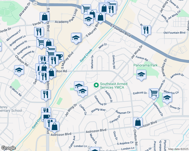 map of restaurants, bars, coffee shops, grocery stores, and more near 4382 Hawks Lookout Lane in Colorado Springs