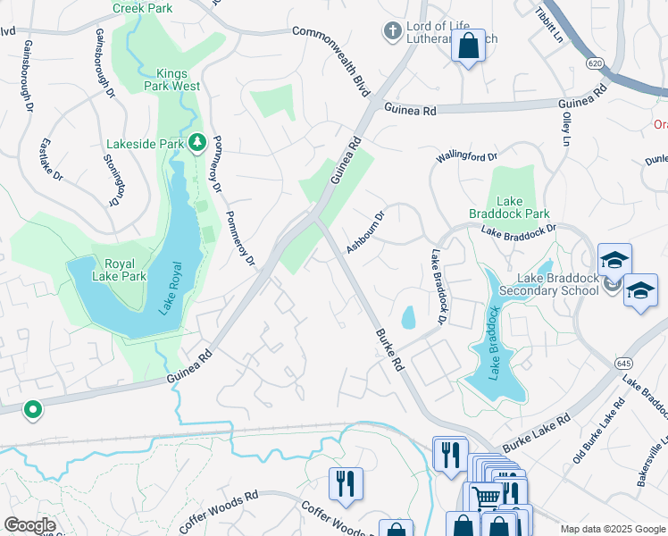 map of restaurants, bars, coffee shops, grocery stores, and more near 5405 Crossrail Drive in Burke