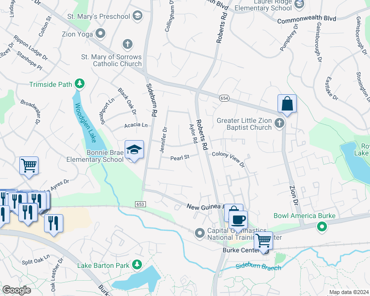 map of restaurants, bars, coffee shops, grocery stores, and more near 10405 Nellie White Lane in Fairfax